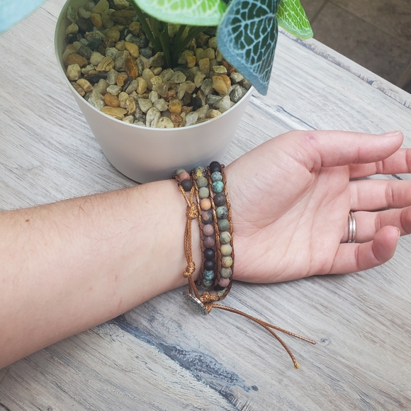 Bohemian wrap bracelet real stone leather multi layer woven skater Hippie good v - Picture 6 of 7